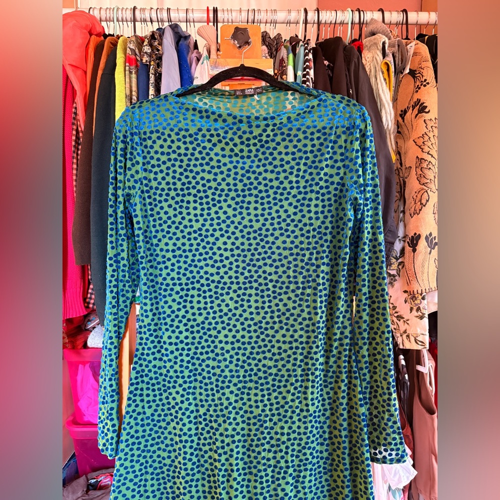 Zara Velvet Polka Dot Blue and Green Long Sleeve Dress